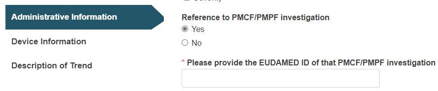 EUDAMED MTR Admin info PMCF/PMPF investigation