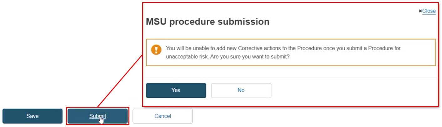 EUDAMED save, submit and cancel buttons and msu procedure submission popup window with yes and no buttons