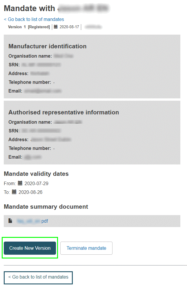 EUDAMED details on the mandate and create new version button