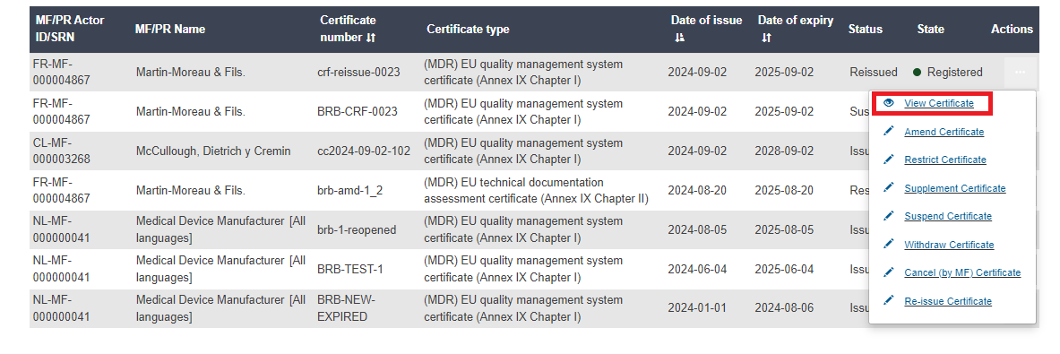 EUDAMED certificates results list and view link under the three dots