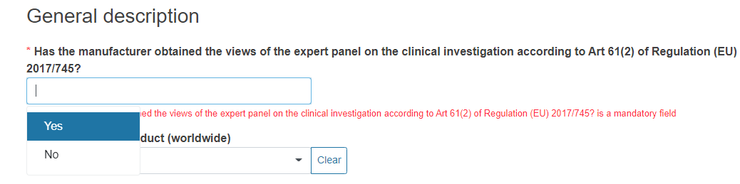 EUDAMED has the manufacturer obtained the views of the expert panel on the clinical investigation according to art 61(2) of regulation (eu) 2017/745? field