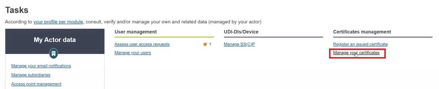EUDAMED manage your certificates link on the dashboard