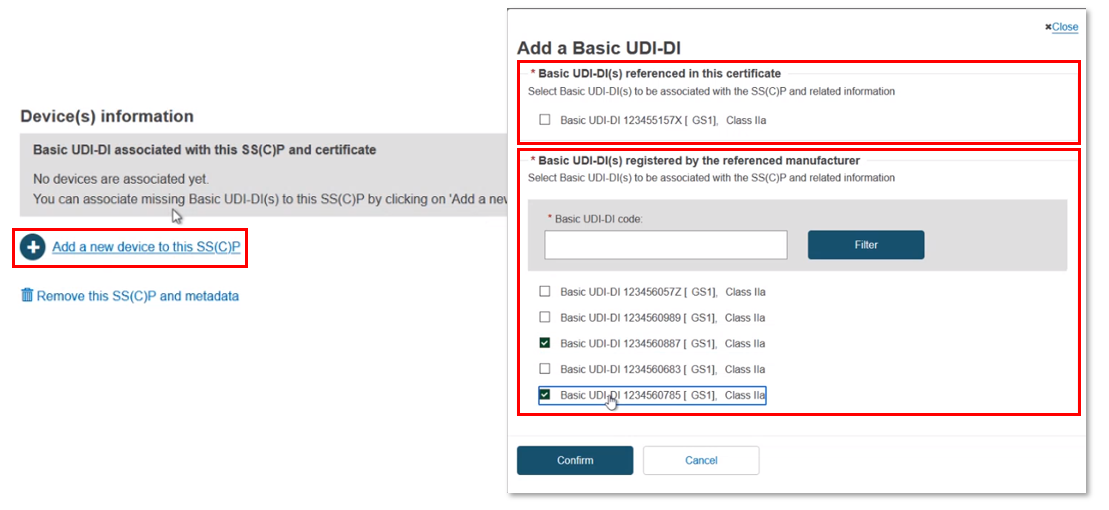 EUDAMED fields in the add a basic udi-di page when selecting the add a new device to this sscp link