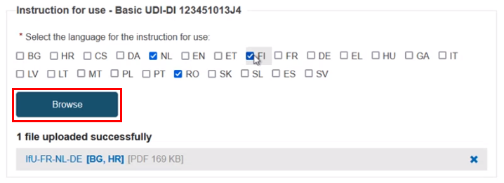 EUDAMED select the language for the instruction for use field and browse button