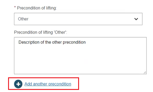 EUDAMED precondition of lifting and precondition of lifting other fields and add another precondition link