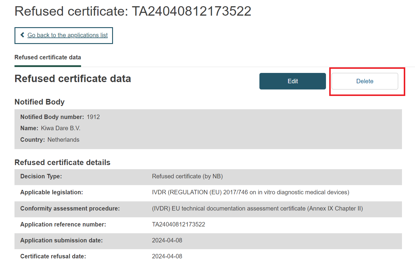 EUDAMED certificate data tab and delete button