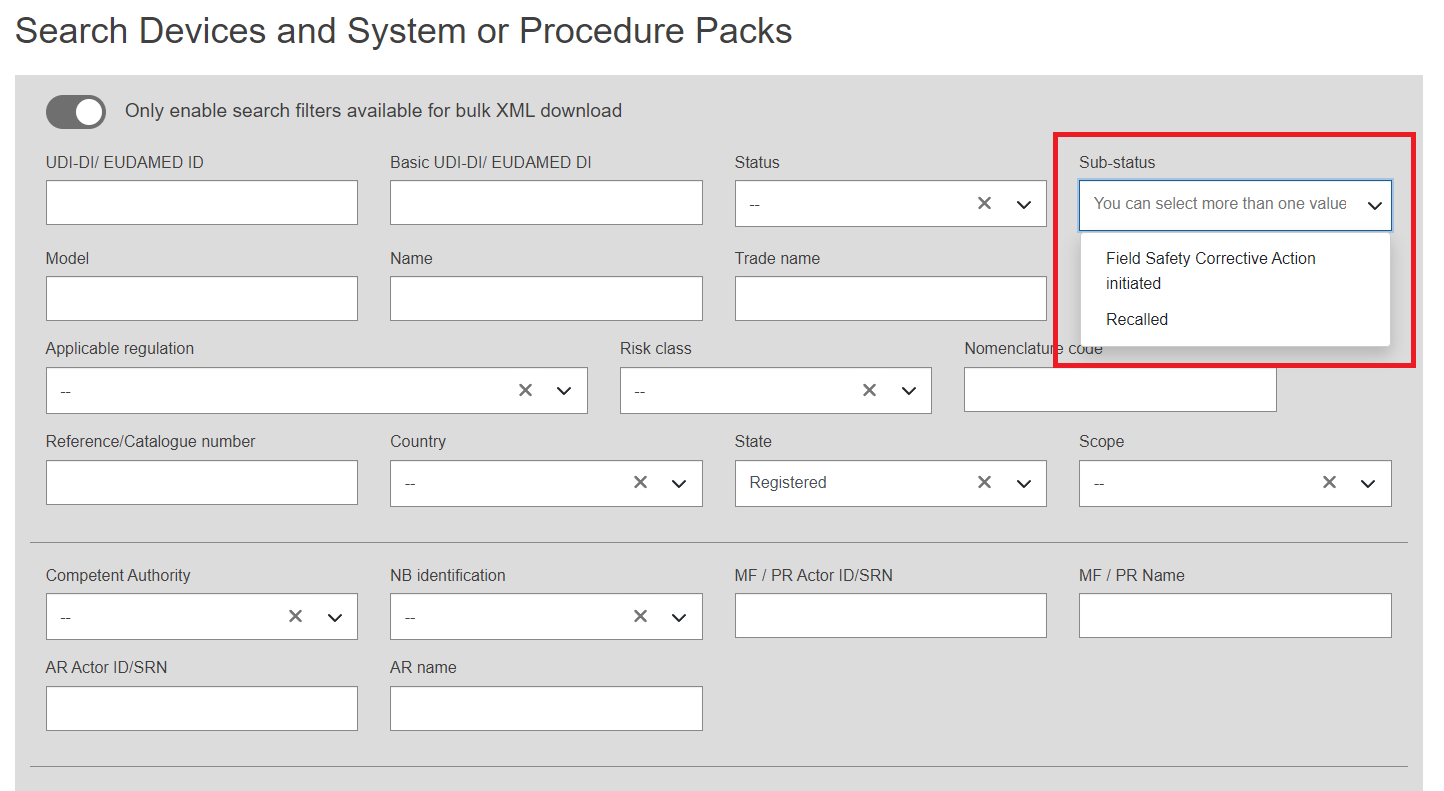 EUDAMED options in the dropdown list for the sub status field in the search devices and system or procedure packs