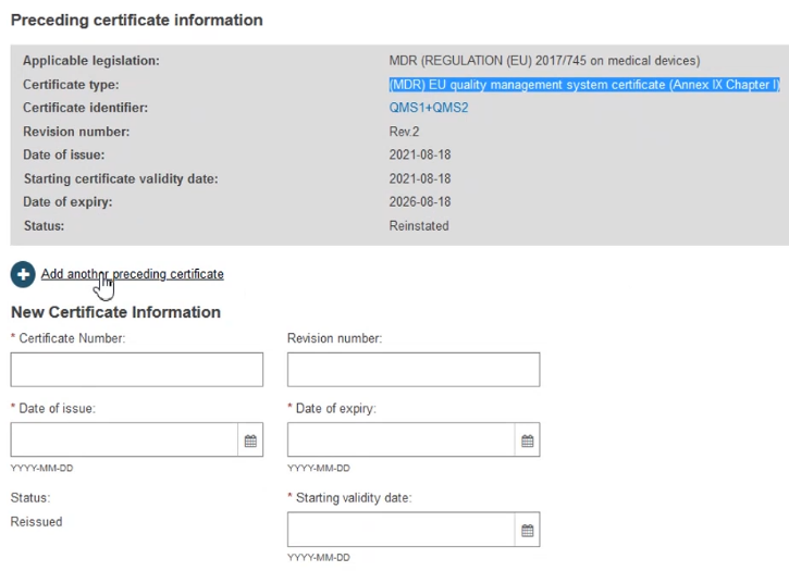 EUDAMED add another preceding certificate link