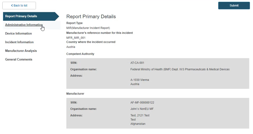 EUDAMED Report primary details section