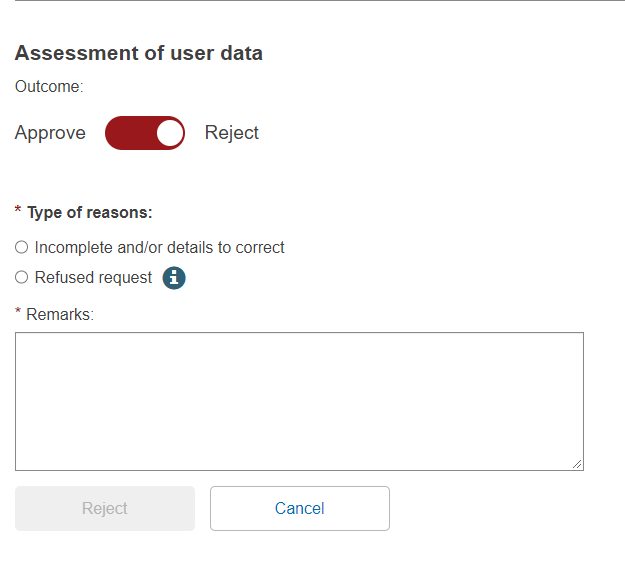 EUDAMED assessment of user data toggle button, type of reasons and remarks fields when requesting access as a Designated Authority user