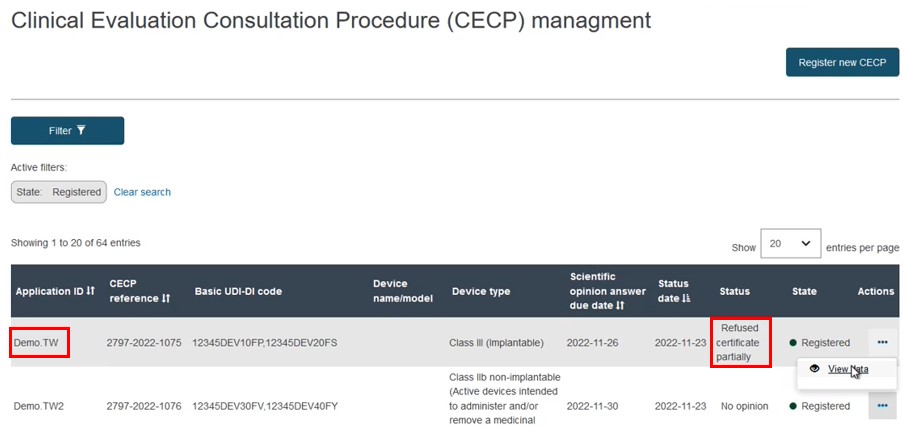 EUDAMED list with registered cecp and view data link under the three dots action button in the cecp management page