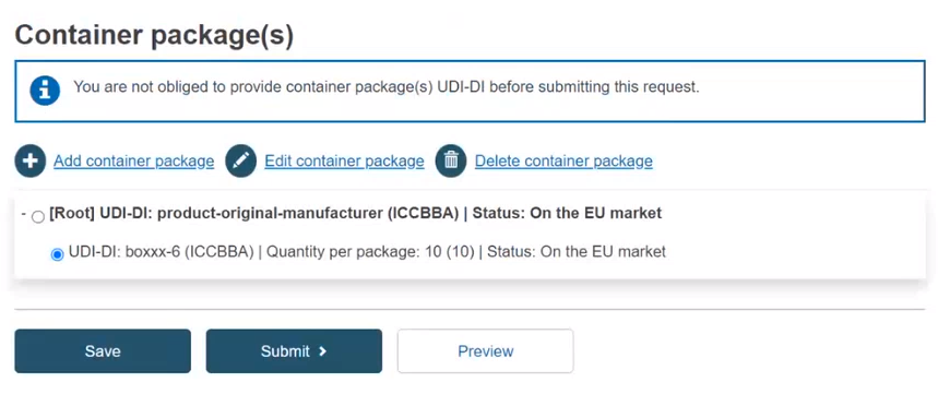 EUDAMED container package list and submit button in the container package details