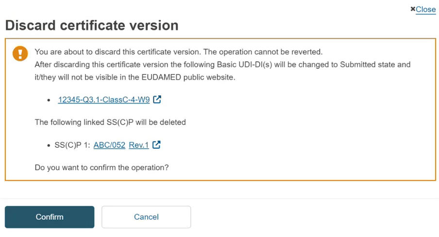 EUDAMED confirmation window for discarding a certificate version with confirm and cancel buttons
