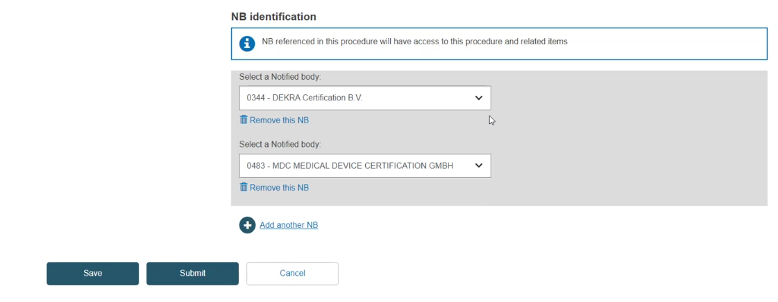 EUDAMED notified body identification section with save, submit and cancel buttons