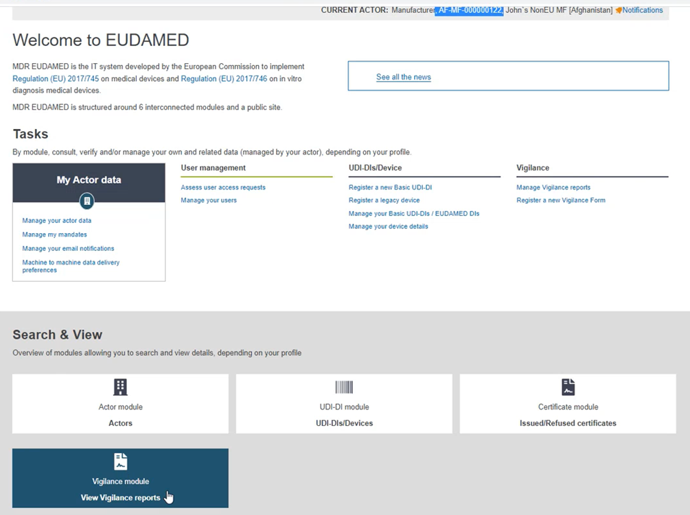 EUDAMED Dashboard: View Vigilance reports link