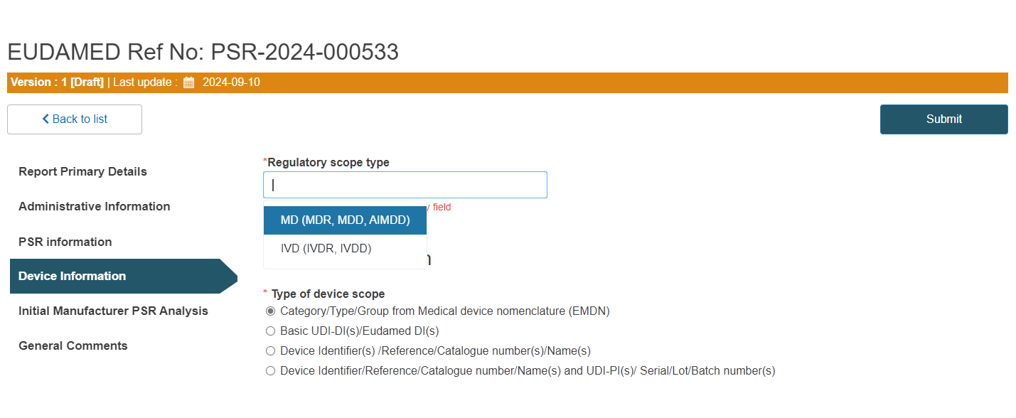 EUDAMED PSR Device info section
