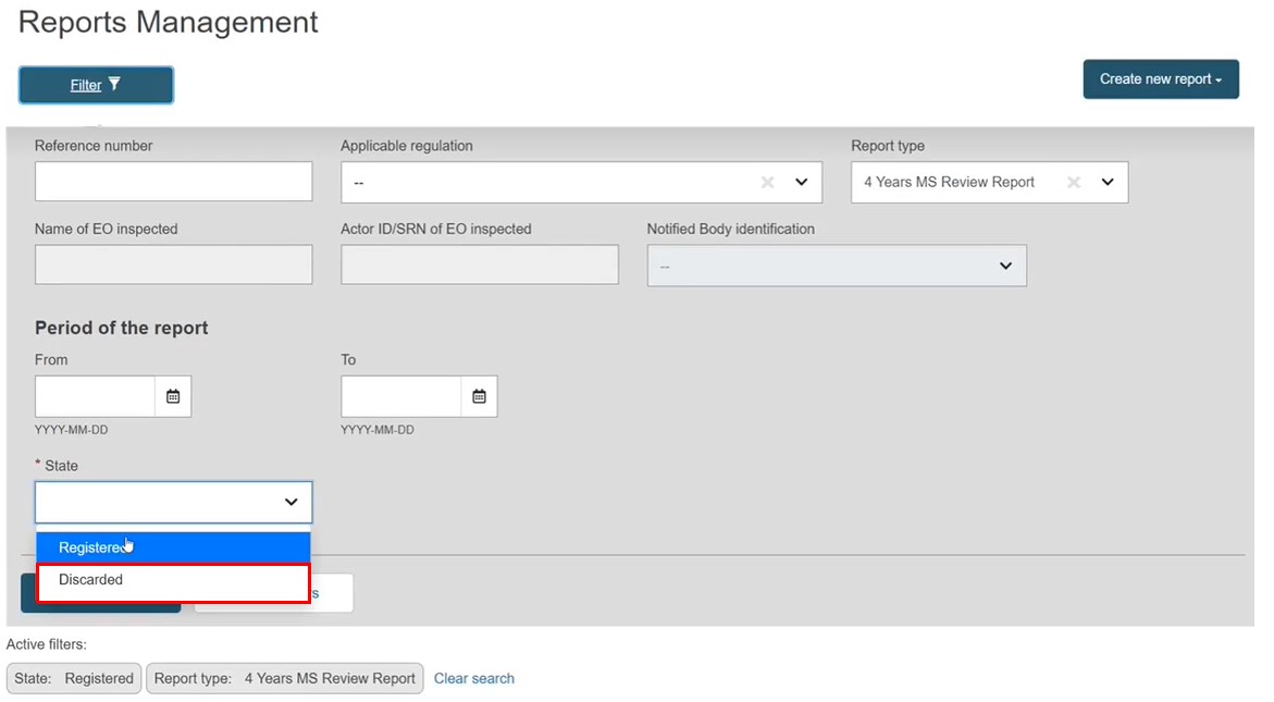EUDAMED state field with discarded option selected in the reports management page