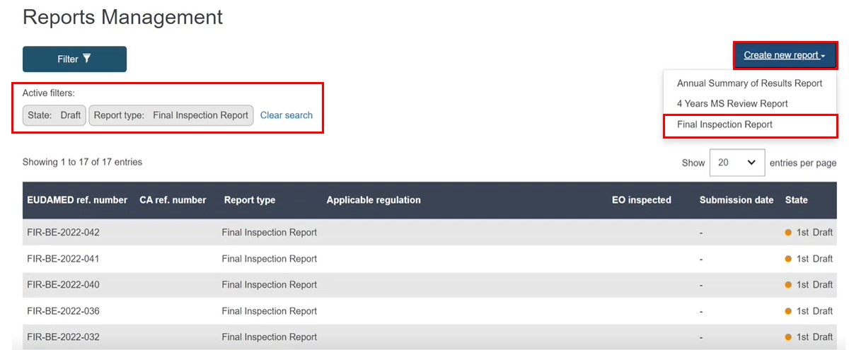EUDAMED final inspection report link under the create new report button in the reports management page