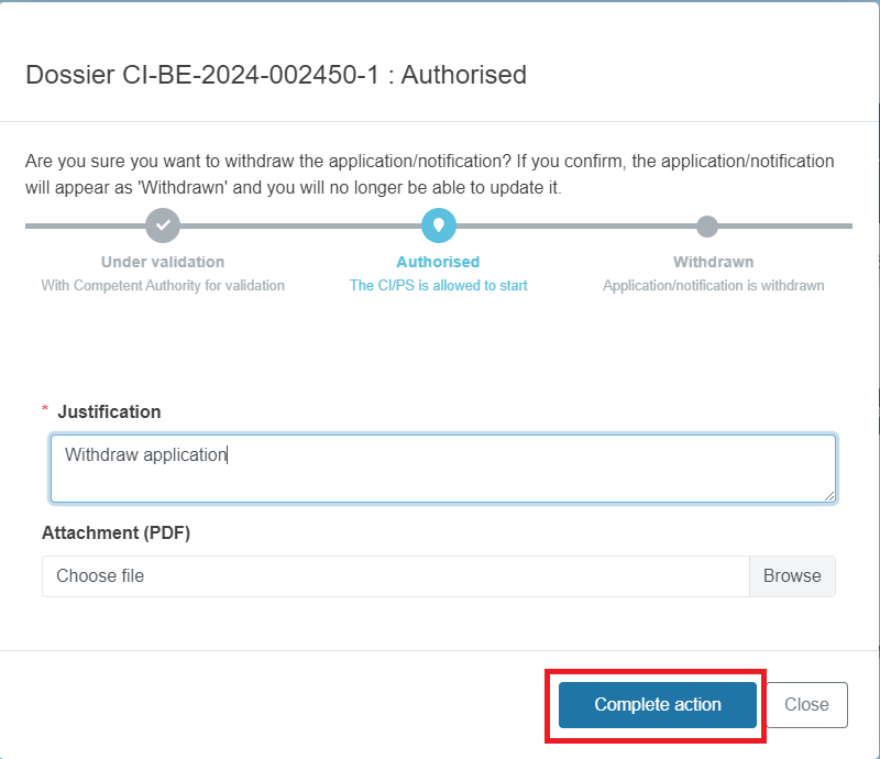 EUDAMED complete action button in the pop-up window