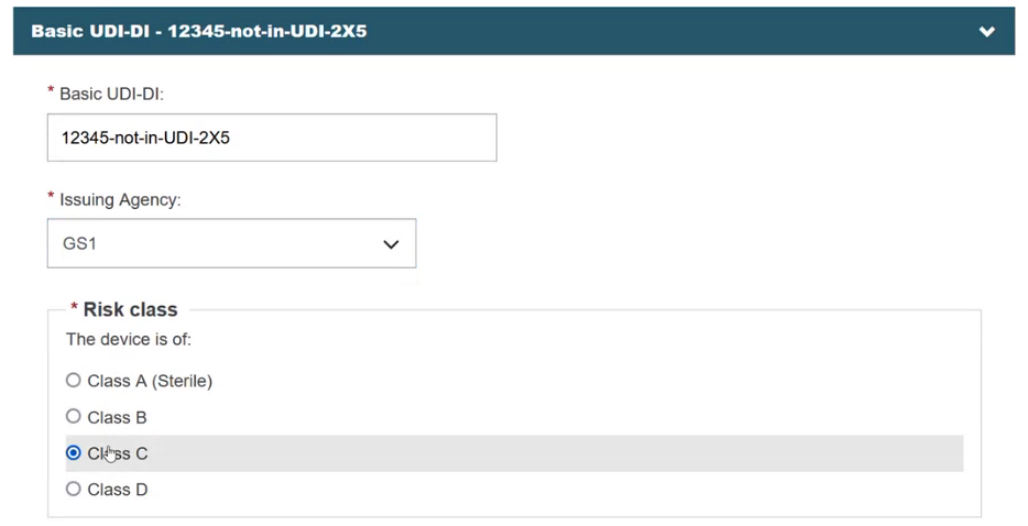 EUDAMED basic udi-di, issuing agency and risk class fields