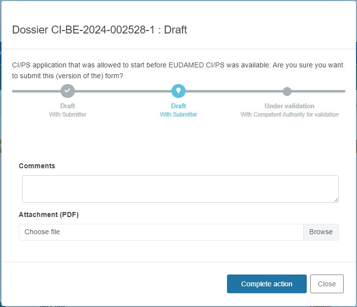 EUDAMED pop-up window with fields to complete and complete action and close buttons