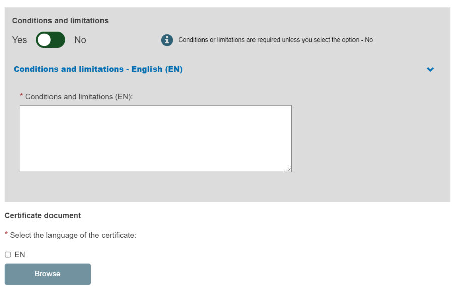 EUDAMED conditions and limitations with toggle button field and select the language of the certificate field