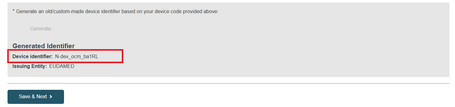 EUDAMED device identifier and save and next button