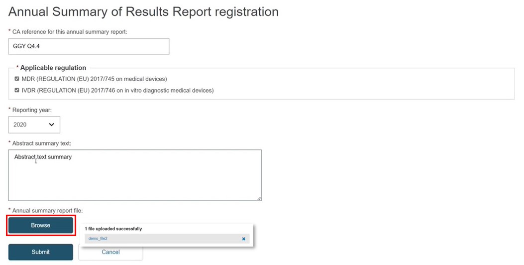 EUDAMED fields to complete in the annual summary of results report registration page and submit and cancel buttons