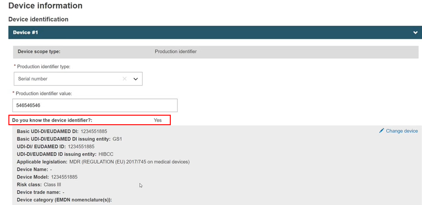 EUDAMED do you know the device identifier field in the device information page