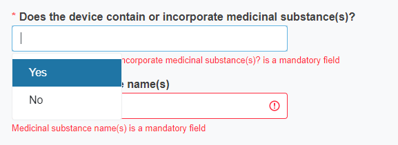 EUDAMED does the device contain or incorporate medicinal substance(s)? field