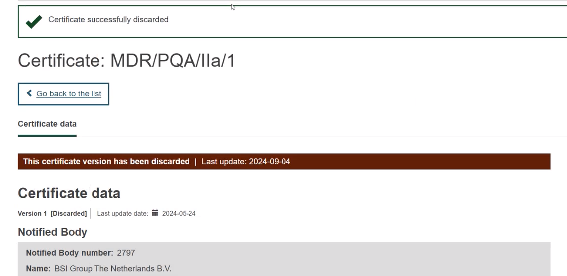 red_banner_discarded_certificate_version.png EUDAMED the certificate has been discarded message in red banner at the top of the certificate data page
