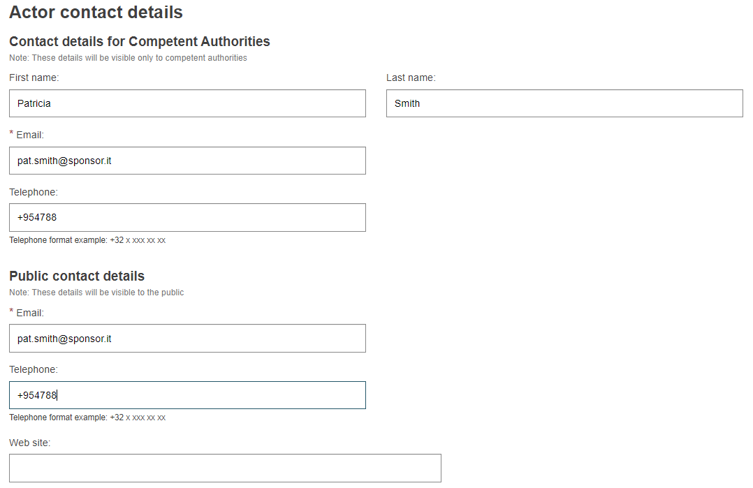 EUDAMED Sponsor registration actor contact details
