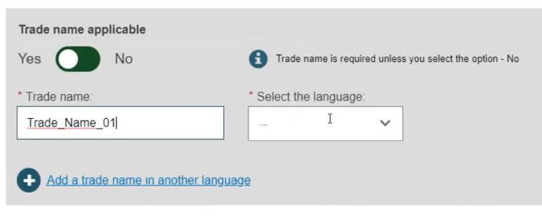 EUDAMED trade name and select the language fields when trade name applicable toggled to yes