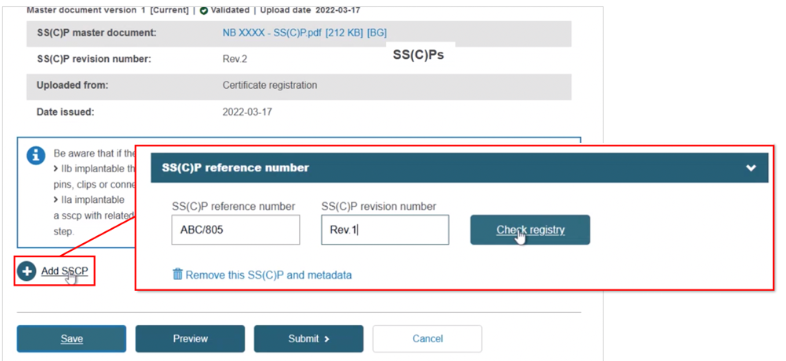 EUDAMED add sscp link and sscp reference number and sscp revision number fields, check registry button and remove this sscp and metadata