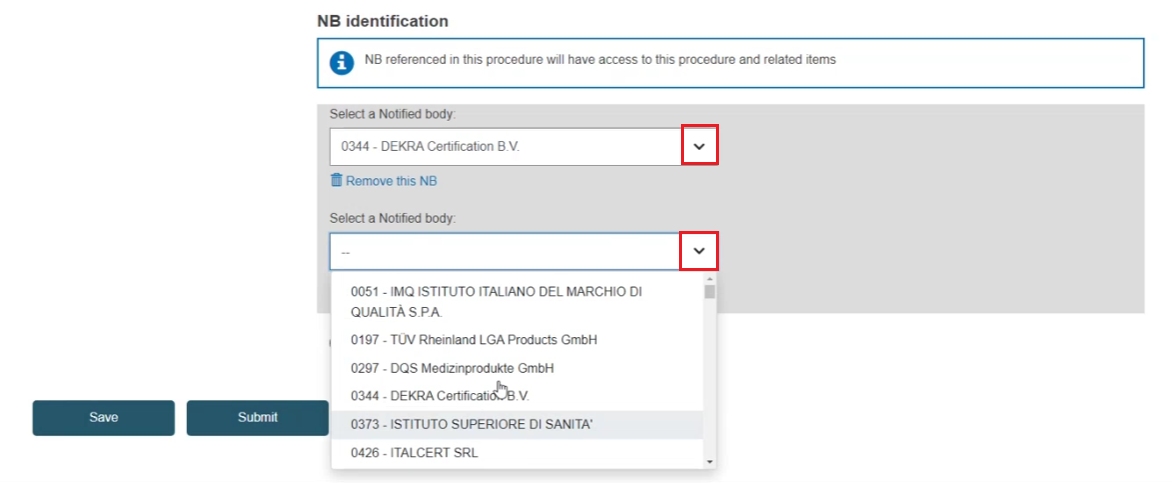 EUDAMED select a notified body field and remove this nb link in the notified body identification section