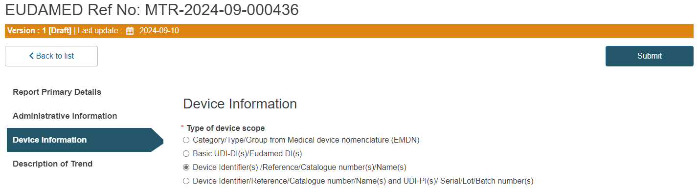 EUDAMED MTR Device info: Device Identifier/Ref/Catalogue No option