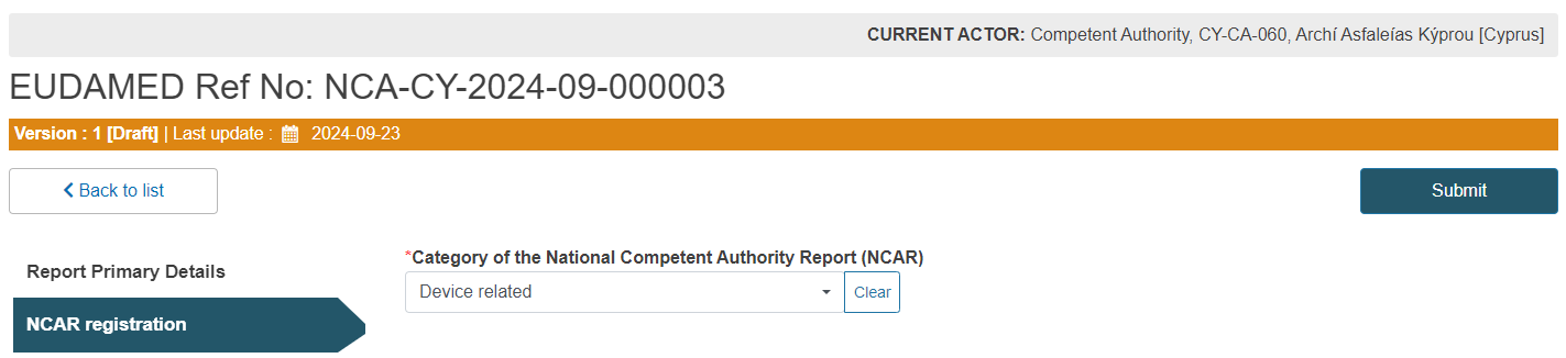 EUDAMED Category of NCAR drop-down list