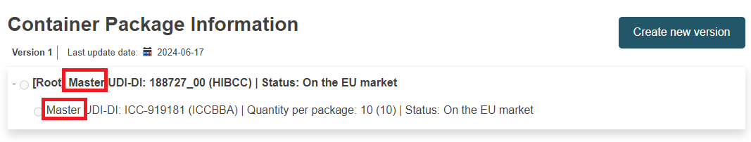 EUDAMED container package information section for a master udi-di