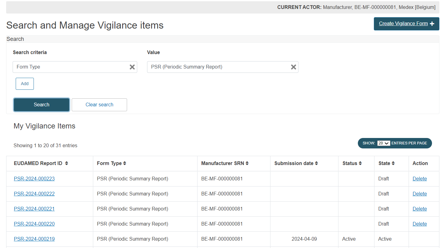 EUDAMED Search and Manage Vigilance items page