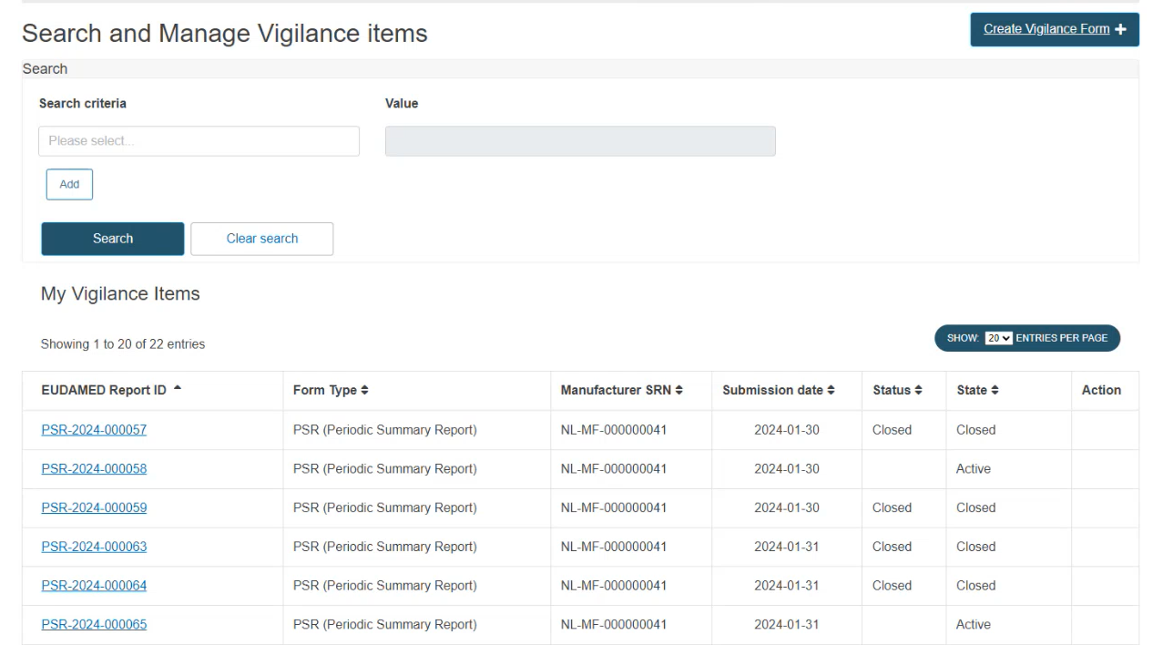 EUDAMED Search and Manage Vigilance items page