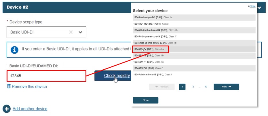 EUDAMED basic udi-di/eudamed di field, check registry button and popup with list of devices