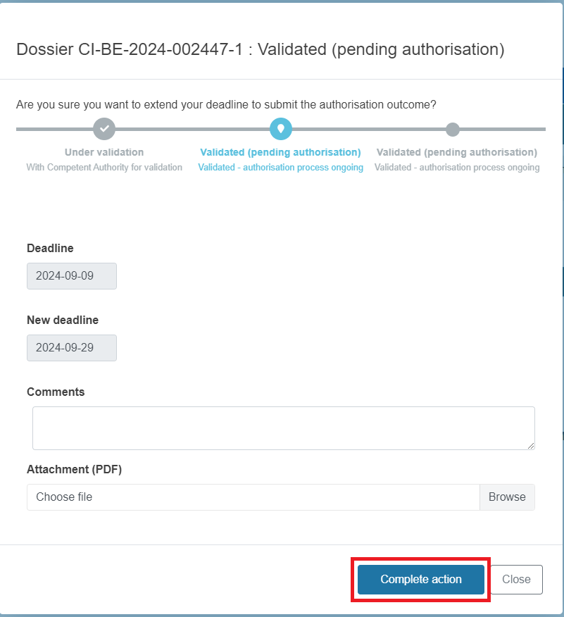 EUDAMED pop-up window with fields to complete and complete action and close buttons