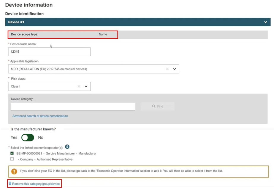 EUDAMED remove this category/link/device link