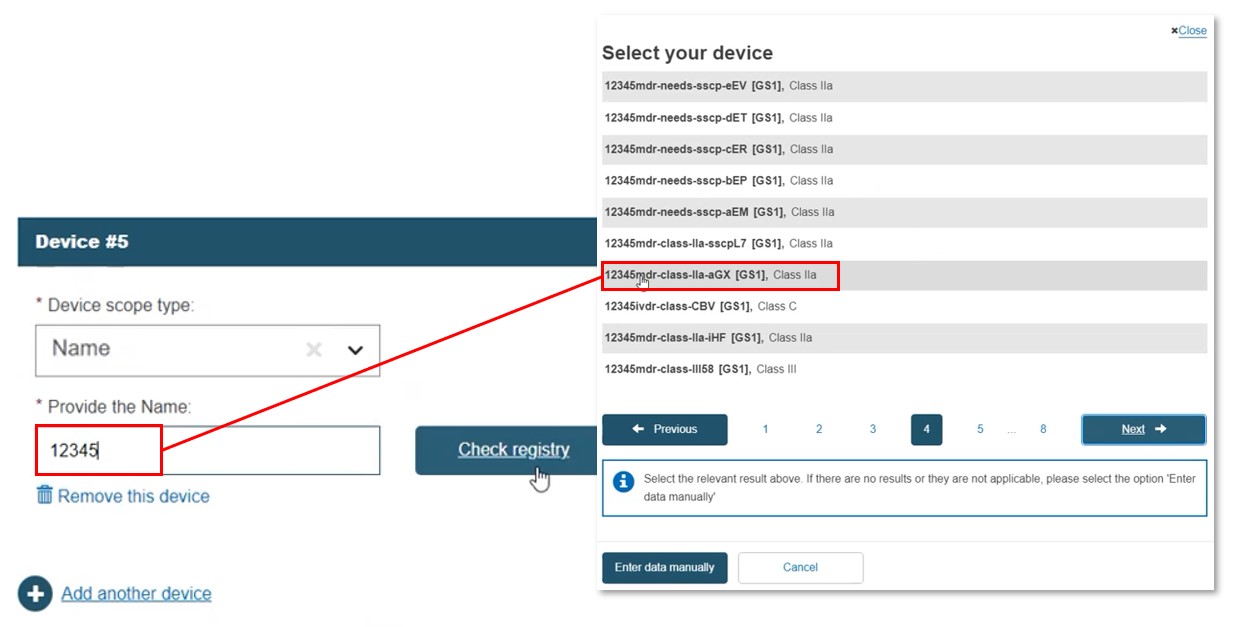 EUDAMED provide the name field and check registry button with popup with list of devices