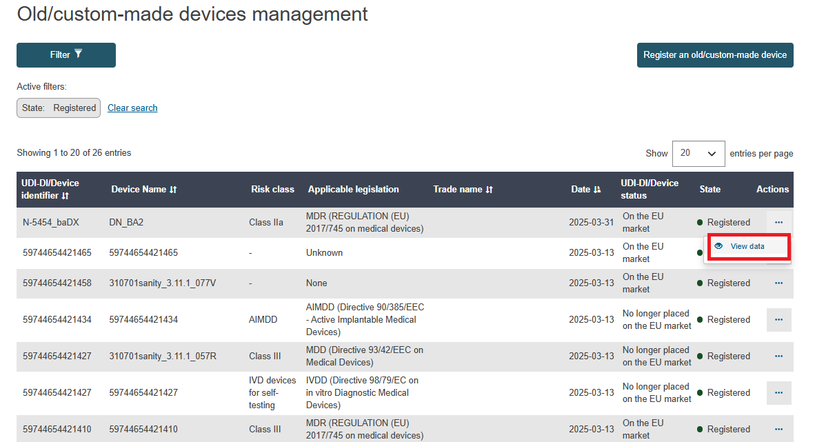 EUDAMED view data link on the old/custom-made devices management page