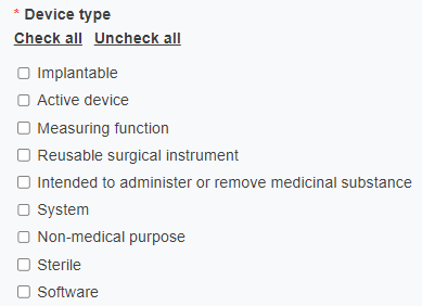 EUDAMED device type field with check all and uncheck all options