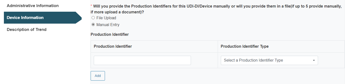 EUDAMED MTR Device info: UDI-PI manual entry