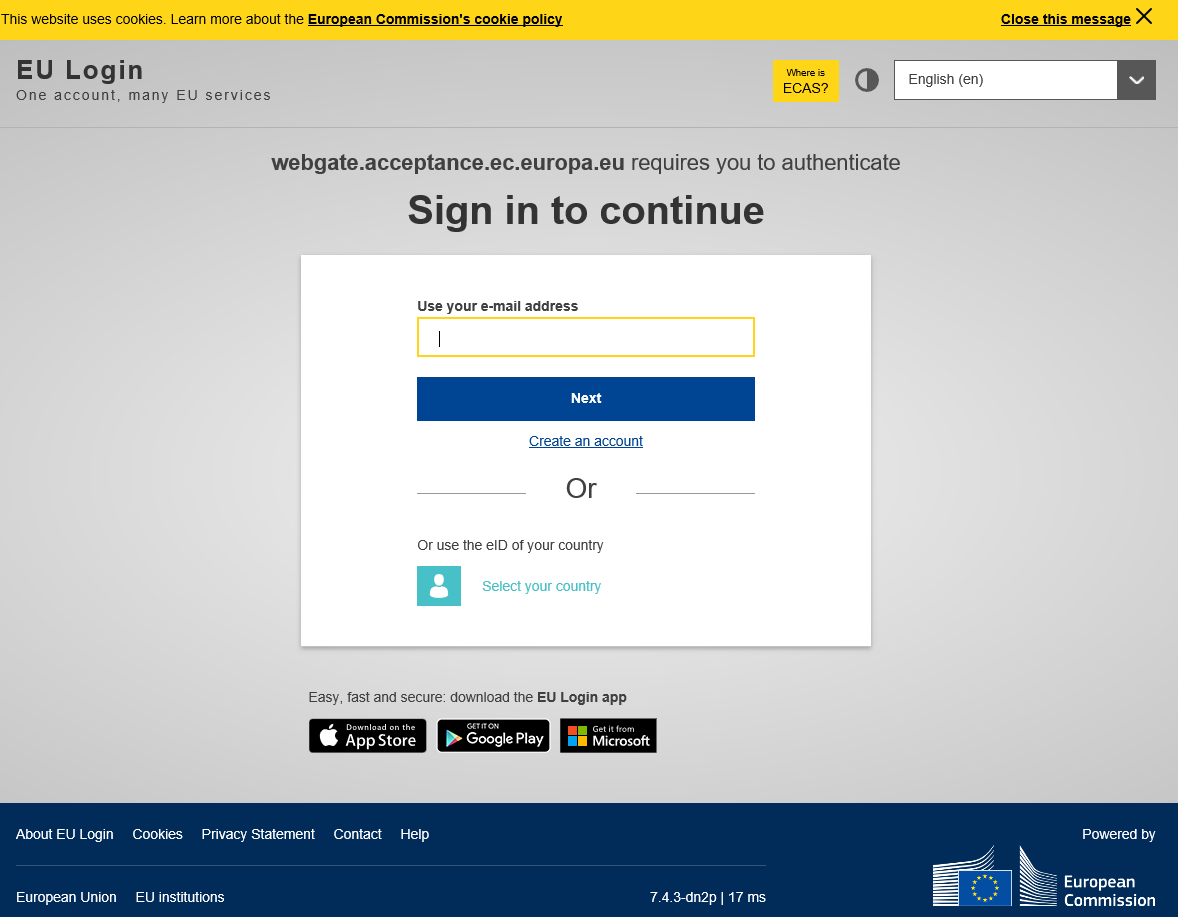 EU login sign up page