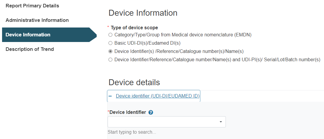 EUDAMED MTR Device info: Device Identifier type-in