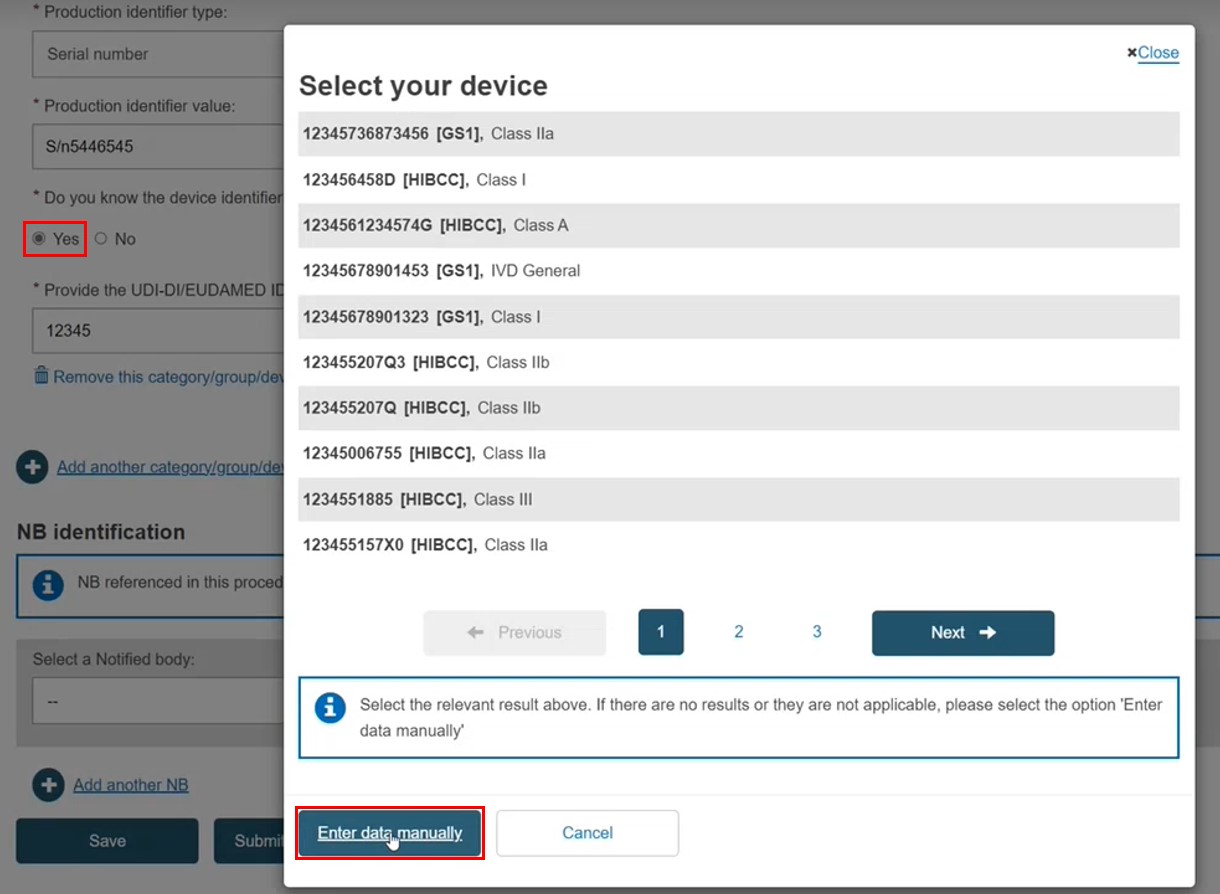 EUDAMED list with devices, pagination and next, enter data manually and cancel buttons